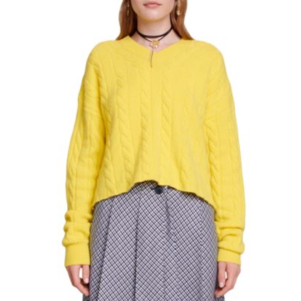 NWT MAJE Miramar Yellow Cable Knit V-Neck Pullover Cashmere Blend Sweater Medium - Picture 2 of 11